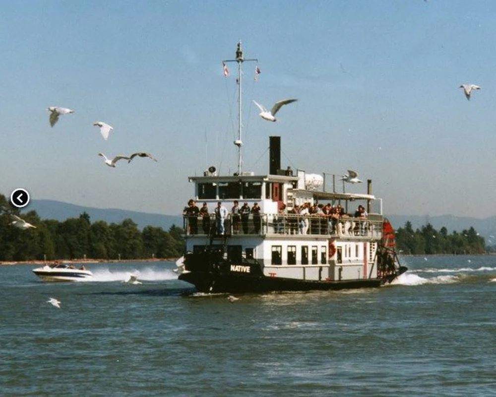 MV Native paddlewheeler cruising with seagulls in a vintage scene