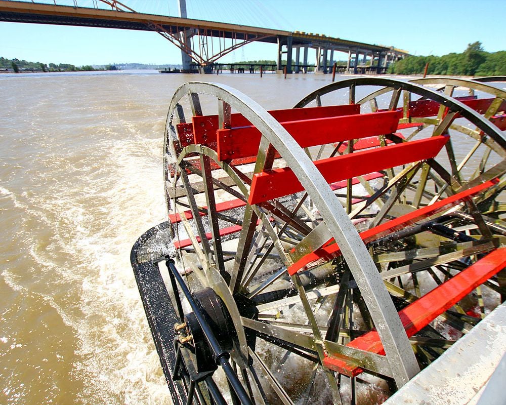 Closeup of the MV Native paddlewheel with bridge
