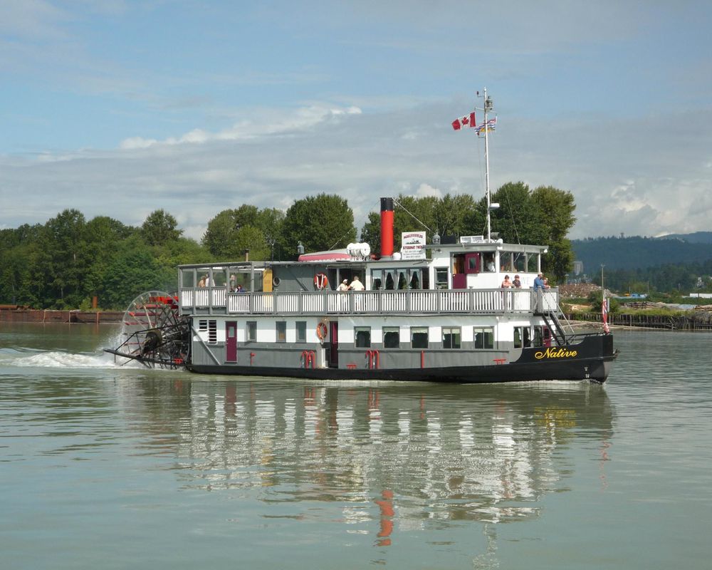 Side profile of the MV Native paddlewheeler on the Fraser River